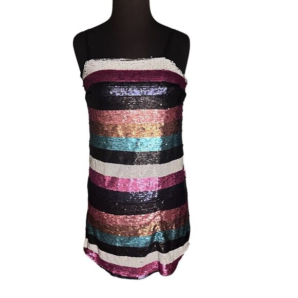 Aqua Luxe Sequin Striped Spaghetti Strap Glam Party Mini Dress Size S Cocktail - Picture 3 of 7